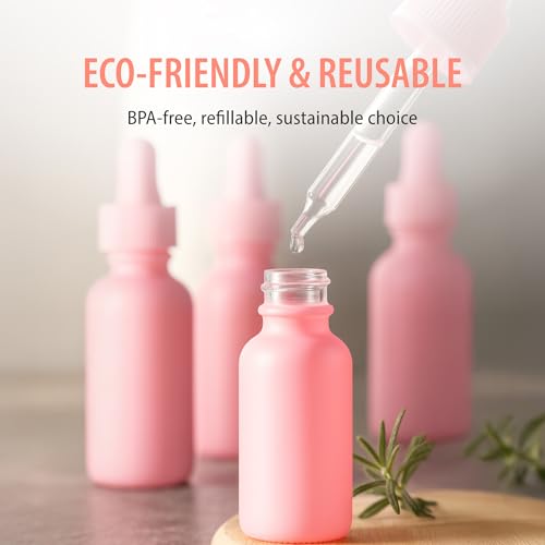24 Pink Coated 1 oz Glass Boston Round Dropper Bottles For Essential Oils, Aromatherapy and Skin Care