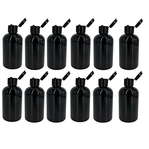 Natural Farms 4 oz Black Boston Plastic Bottles -12 Pack Empty Bottle Refillable - BPA Free - Essential Oils - Aromatherapy | Black Flip Top Snap Cap - Made in the USA