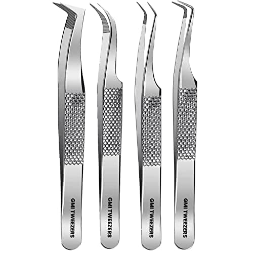GMI Lash Tweezers ? Pack of 4 Stainless Steel Fiber Tip Eyelash Extension Tweezers