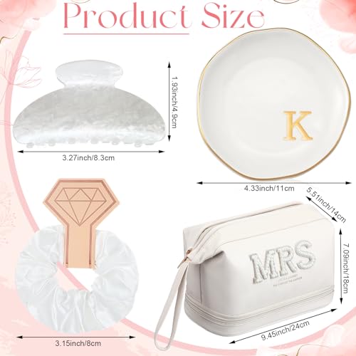 Personalized Initial Bridal Mrs Wedding Slippers Bride Wedding Ceramic Jewelry Tray Mrs White Pearl Letter Makeup Bag Claw Hair Clip Bridal Hair Tie for Women(Letter K)