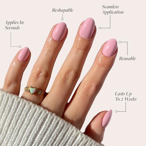 Glamnetic Press-On Nails - Think Pink | Super Strong Brush On Glue & Press-On Nail Remover | Solid Opaque Light Pastel Pink Short Oval Nails, Reusable | 15 Sizes - 30 Nail Kit