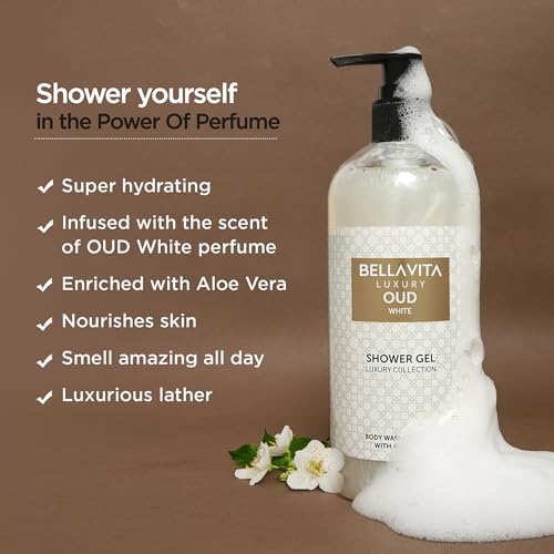 BellaVita Luxury White Oud Perfume & Body Wash Combo | Unisex Eau De Parfum with Orange, Freesia & Woody Notes (100ml) + Exotic Oud Shower Gel with Aloe Vera (500ml) | Long-Lasting & Deep Clean
