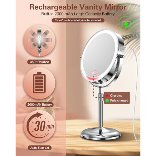 Benbilry Lighted Makeup Mirror with Magnification 10X & 3 Color Lights, Adjustable Brightness & Height, 7 Inch 360¡Æ Swivel Rechargeable LED Magnifying Make Up Vanity Mirror with Lighting (Silver)