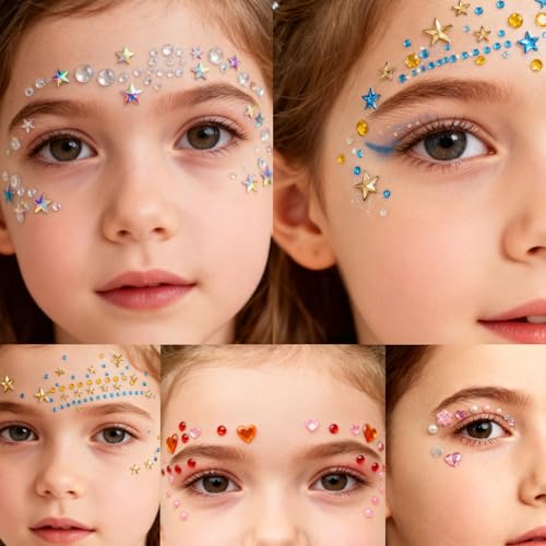 Face Gem Stickers,12 Sheets Self-Adhesive Face Rhinestones for Makeup,Acrylic Bling Decorative Diamond Stickers,3D Butterfly Seashell Stick on Gems,Face Jewels for Women,Gem Sticker Crafts for Kids