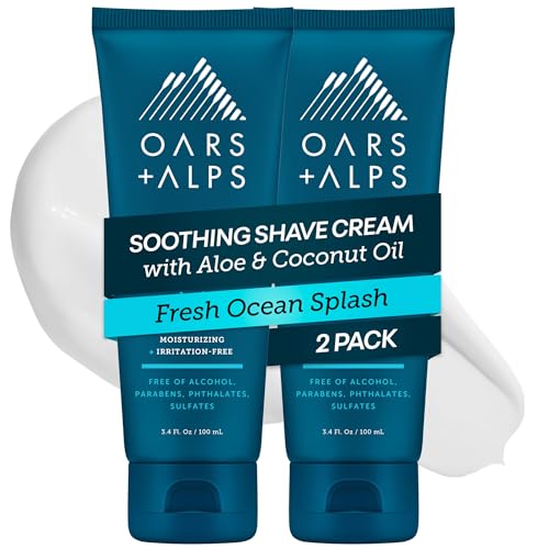 Oars + Alps Soothing Men's Shaving Cream, Dermatologist Tested and Infused with Aloe and Coconut Oil, Fresh Ocean Splash Scent, TSA Friendly, 3.4 Oz, 2 Pack