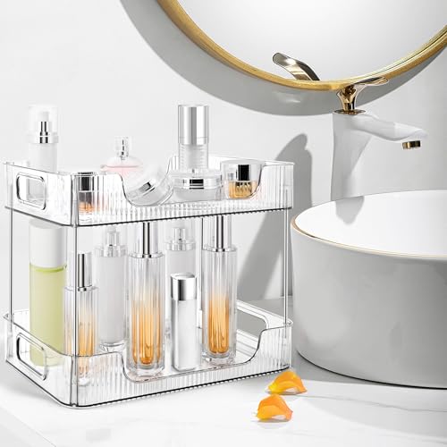 2-Tier Bathroom Counter Organizer Countertop Storage, Dresser Organizer Vanity Tray for Makeup, Perfume Organizer Cosmetics Skincare Shelf- Clear