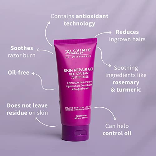 Alchimie Forever Skin Repair Gel | Oil Free Gel for Post Shave Care of the Face and Body with Rosemary and Turmeric | Soothing, Restorative, Anti-Aging Benefits | Reduces Ingrown Hairs | 3 fl oz