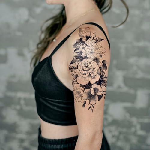 2 Sheets Semi Permanent Tattoos, Temporary Tattoo for Women, Lasts 7-15 Days Water-Resistant Fake Tattoo Stickers, Realistic Flower Design for Party (7.5x4.8 in), Non-Reflective & Safe for Skin