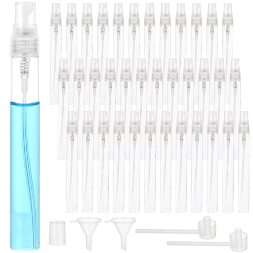 Lnrueg 50 Pcs Mini Spray Bottles, 0.3 oz/10 ml Refillable Glass Perfume Bottles, Portable Travel Sample Containers with Caps, Fine Mist Atomizers with 2 Funnels and 2 Dispensers, Transparent