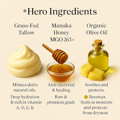 100% Grass-Fed Beef Tallow Balm, Manuka Honey MGO 263+, Organic Beeswax & Olive Oil, Beef Tallow for skin,Handmade Moisturizer for Dry Skin, Eczema Relief, & Healing Skin(2oz)