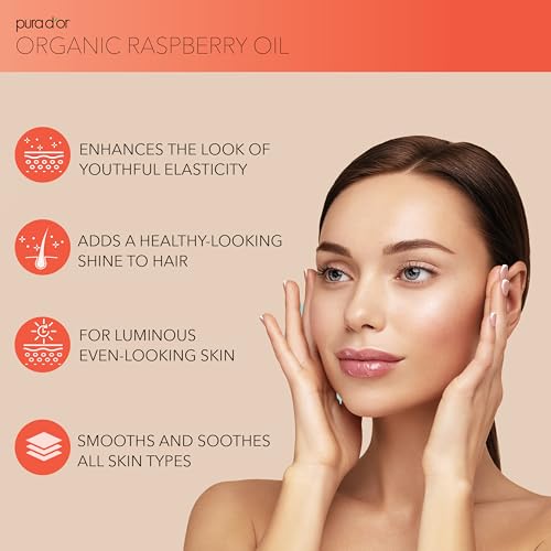 PURA D'OR 3.38 Oz ORGANIC Raspberry Seed Oil - 100% Pure USDA Certified, Cold Pressed Unrefined, Hexane-Free, Premium Grade - Sun Protection For Skin, Body & Hair