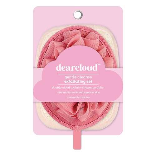 dearcloud Gentle Cleanse Exfoliating Set ? Double-Sided Loofah & Shower Scrubber ? Reusable Exfoliating Body Scrubber & Body Scrubber Exfoliator (Pink)