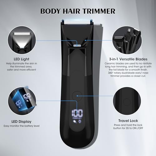 Karrte Manscape 5 in 1 Men's Grooming Kit, Beard Trimmer for Men, Groin & Body Hair Trimmer, Nose & Ear Hair Clippers, 5D Electric Razors, IPX7 Waterproof, LED Display with Travel Lock