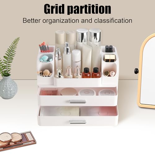 Large Makeup Organizer Countertop with Drawers, Make Up Organizer for Vanity, Makeup Storage Organizer Countertop Makeup Organizers for Skincare, All White