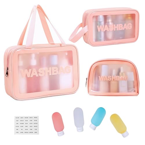 Waterproof Clear Frosted Travel Toiletry Bag For Men & Women: 3-Size Handle Cosmetic Case + 4 Pre-Labeled 2Oz Bottles & Sticker. Large Washbag Organizer. (Soft Pink)
