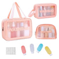 Waterproof Clear Frosted Travel Toiletry Bag For Men & Women: 3-Size Handle Cosmetic Case + 4 Pre-Labeled 2Oz Bottles & Sticker. Large Washbag Organizer. (Soft Pink)