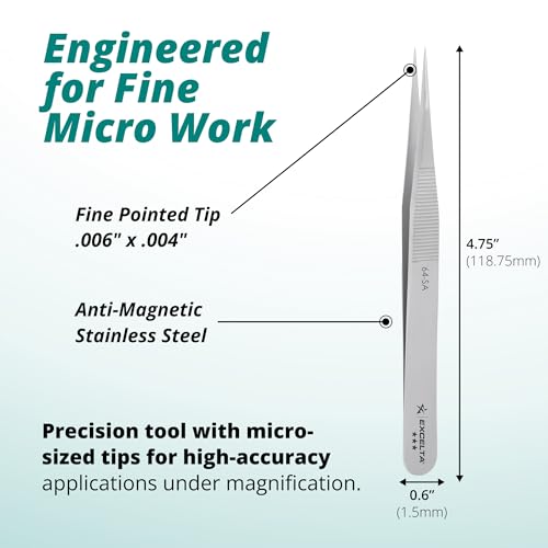 Excelta 64-SA Precision Tweezers, Straight Fine Tip, 4.75" Anti-Magnetic 316L Neverust Stainless Steel, Serrated Handle, ESD-Safe, Swiss-Made Tool for Electronics, Lab Use, Cleanroom & Forensics