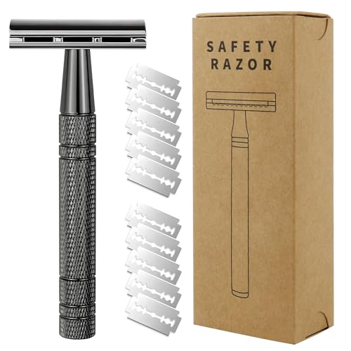 Safety Razor, Single Blade Razors for Men, with 10 Stainless Steel Double Edge Blades, Reusable Metal Blade Razor, Smooth and Close Shave, Sustainable, Plastic Free-Gun Black