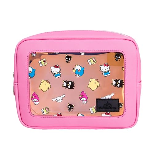 Impressions Vanity Hello Kitty and Friends Core Cosmetic Pouch for Women, Core Print Artwork Travel Makeup Bag Organizer with Inner Pocket, Metal Zipper Opening Faux Leather Handheld Purse (Pink)