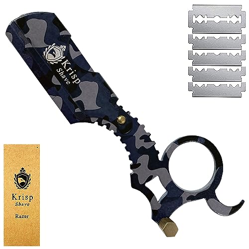 Straight Razor with 10 Shaving Blades Razors for Men - Professional Barber Straight Edge Razor for Close Shaving Cut Throat Shavette Men Beard Shave Manual Blade Holder By Krisp Beauty Blue Camo