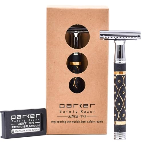 Parker 65R Super Heavyweight Double?Edge Safety Razor ? Sandstone?Textured Brass Handle for Precise Grip & Control, 4" Long Handle ? Includes 5 Premium DE Blades