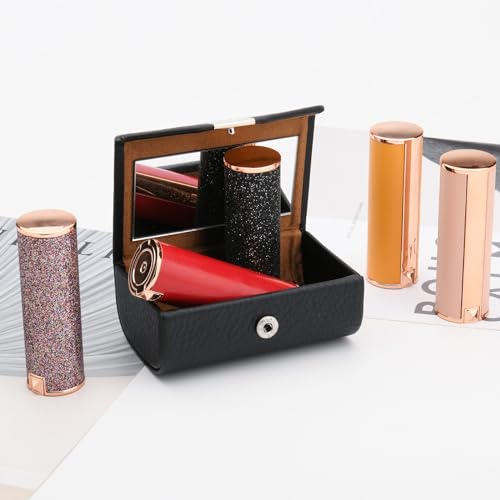 Beautyflier Large Lipstick Case with Mirror, Women¡¯s PU Leather Lipstick Case Holder for Purse with Mirror Rectangle Makeup Travel Cases, Women's Portable Lipstick Pouch Travel Cosmetic Case (Black)