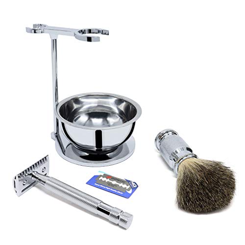 Jolitac Wet Shaving Kit For Men - Badger Hair Shaving Brush, Stainless Steel Bowl Mug, Double Edge Safety Razor, Men's Safety Razor Grooming Gift Set (Silver)