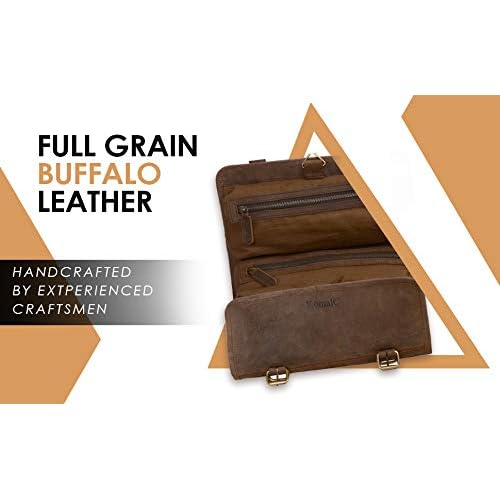 KomalC Premium Buffalo Leather Hanging Toiletry Bag Travel Dopp Kit