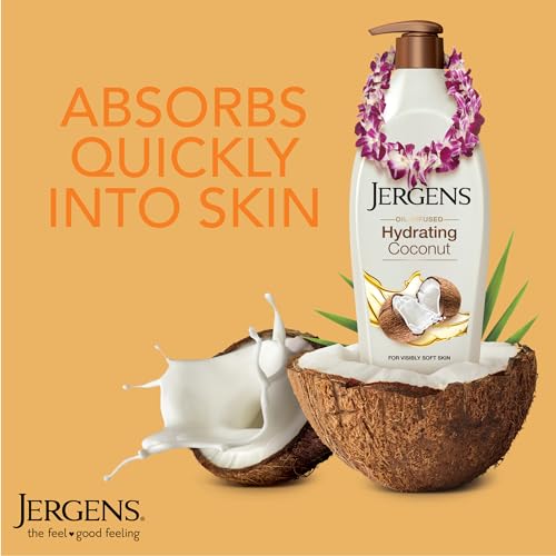 Jergens Hydrating Coconut Body Lotion, Hand and Body Moisturizer, Infused with Coconut Oil, Hydrates Dry Skin Instantly, Dermatologist Tested, 26.5 Oz