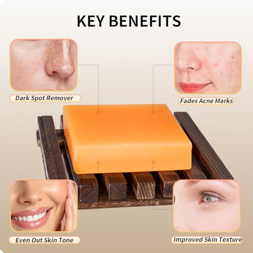 Kojic Acid Soap for Dark Spot Remover Bars with Turmeric, Vitamin C, Retinol, Collagen with Hyaluronic Acid, Vitamin E, Shea Butter, Castile Olive Oil - 3.52 OZ x 2 Bars with Soap Holder & Bag