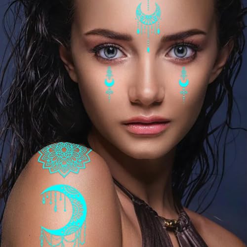 6 Sheets Henna Tattoos Temporary Stickers Waterproof Sexy Women Body White Party Masquerade Halloween Night Fluorescence Lotus DIY Face Arms Legs Art Decoration