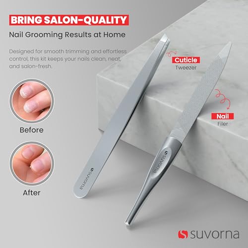 Suvorna Manicure Pedicure set with Toenail Clippers, Cuticle Nippers, Nail Clippers, Nail Scissors, 2 Cuticle Pusher, Nail File & Tweezer - Made with Stainless Steel - Nail Care kit (Black, 8 Pcs)