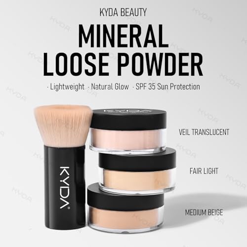 KYDA Mineral Loose Powder Foundation, SPF 35, Skin-improving Mineral Foundation with Brush, Lightweight Buildable Coverage, Natural Glow Loose Powder Base Makeup, Medium Beige, 0.28 oz