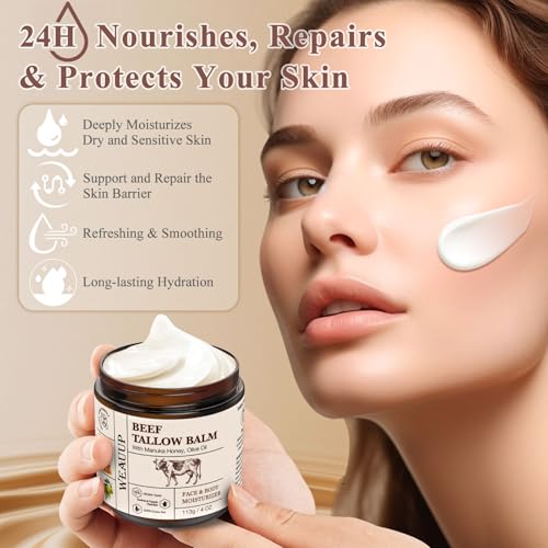 Beef Tallow for Skin, Organic Grass Fed Whipped Beef Tallow Balm, Tallow and Honey Balm with Raw Honey and Beeswax, Nourishing Moisturizer for Face & Body Natural Skin Care for Soft