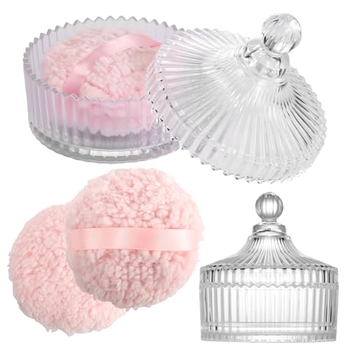 6 Inch Oversized Dusting Powder Container with Body Powder Puff and Container Set ? 2PCS 3 Inch Soft Wool-Like Puff, Portable & Reusable Powder Puff and Container for Women¡¯s Daily Use