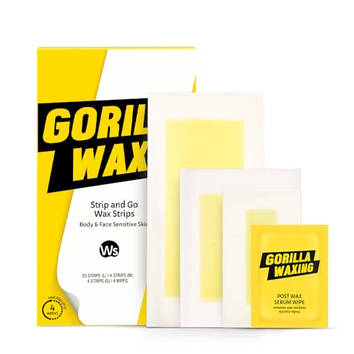 Gorilla Waxing Korean Strip & Go Wax Strips Kit, 28 Multi-Size Sugaring Wax Strips + 4 Calming Serum Wipes, Ready-to-Use Hair Removal for Face & Body, Suitable for Sensitive Skin, Korean Skin Care