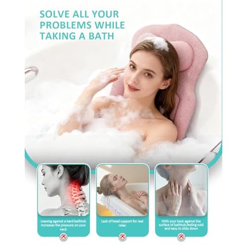 Full Body Bath Pillow for Bathtub, 5D Thick Tub Pillow for Bathtub with 192 Non-Slip Suction Cups, Laundry Bag & Hook, Bathtub Pillow for Head, Neck & Back Support (Pink, 51"*15")