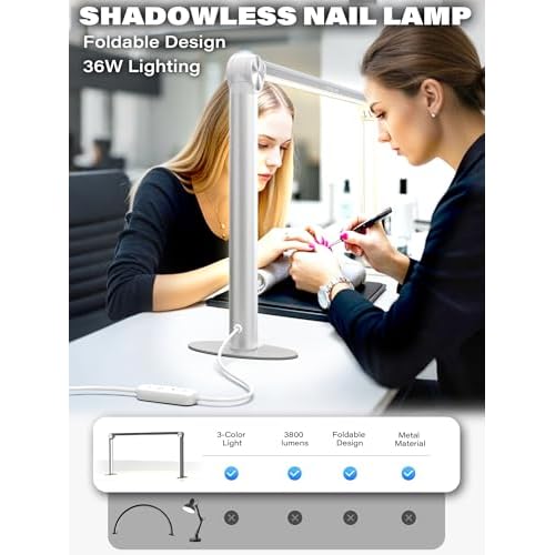 STOLAS Half Moon Light for Nail Desk with Phone Holder, 14 inch Height 3 Modes 3000K-6000K Dimmable LED Light, Desk Lamp for Nail Tech (Silver)