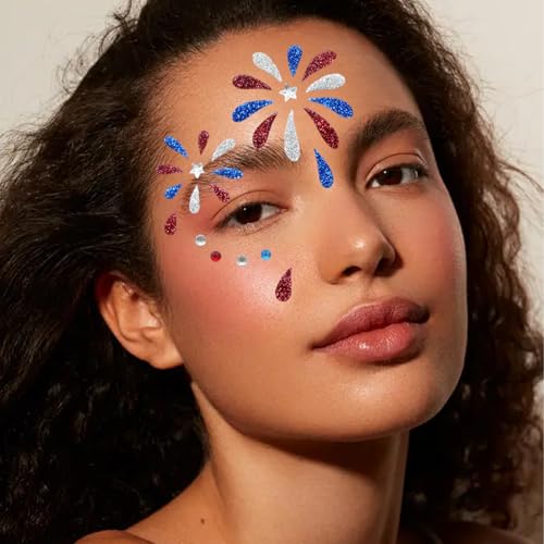 3 Sheet Patriotic Face Gems Set Blue and Red Face Jewels Stick on Face 4th of July Eye Gems Face Stickers for Women, Body Eyes Face Tattoos Sticker for Independence Day Party Festival Accessory