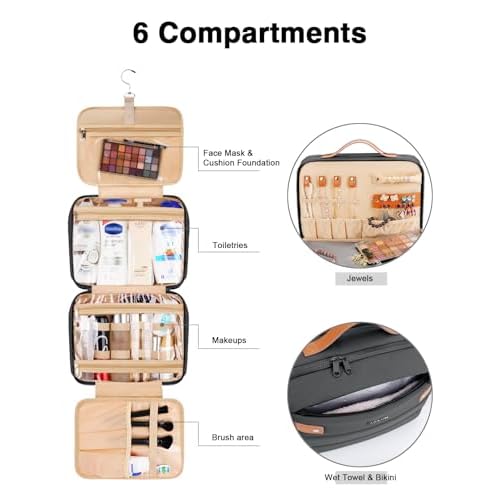 Women's Hanging Toiletry Bag, Waterproof Travel Cosmetic Organizer with Jewelry Storage, Large Capacity Makeup Case for Full-Size Skincare & Bathroom Essentials, Portable Cosmetic kit, Black