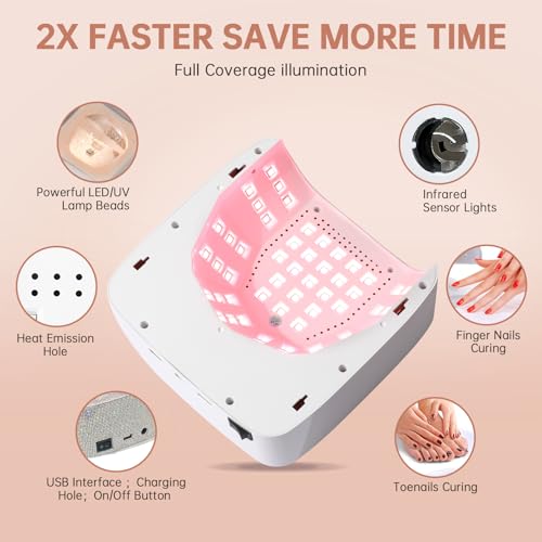 UV Nail Lamp 96W Rechargeable LED Gel Curing Lamp, Cordless Nail Dryer Gel Polish Light with Large LCD Display, with 3 Timer Setting Auto Sensor for Salon and Home (White)
