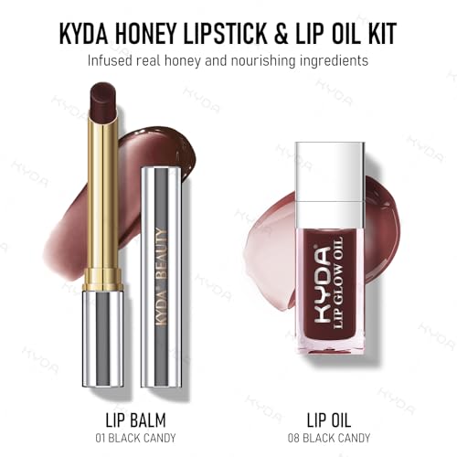 KYDA 2 Pcs Honey Lipstick Set, Includes Honey Lipstick Tinted Lip Balm and Lip Glow Oil, Sheer Black Lips Color with a Hydrating Oils Formula, for Smooth Dewy Finish