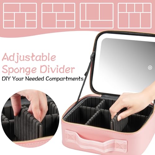 Makeup Travel Train Case with Mirror LED Light 3 Adjustable Brightness Cosmetic Bag Portable Storage Adjustable Partition Waterproof Makeup Brushes Makeup Jewelry Gift for Women