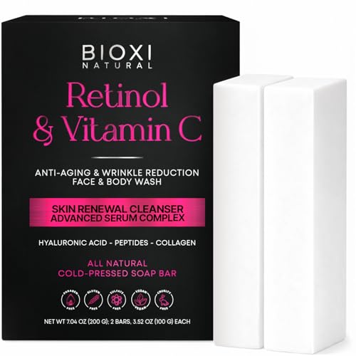 Retinol & Vitamin C Serum Complex Soap Bar - Korean Formula - Hyaluronic Acid, Peptides, Collagen & Green Tea - Anti Aging & Brightening Face Wash for Smoother Even Skin Tone - Cold Pressed - 2 Pack