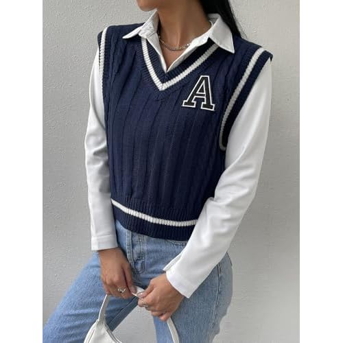 Floerns Women's V Neck Letter Striped Trim Sleeveless Sweater Vest Knit Top