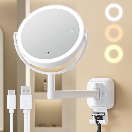 Gospire Wall Mounted Lighted Makeup Mirror with Magnification 10X, 7 Inch Double Sided Magnifying Vanity Mirror Wall Mirrors with Hooks & LED Display for Bathroom, No Drilling Needed