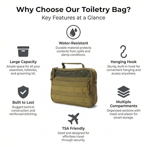 Mens Toiletry Travel Bag, Tactical Toiletry Bag for Men, Bathroom Hanging Toiletry Bag for Men Shaving Hygiene Bag Travel Toiletry Organizer Short Trips Bag, Brown