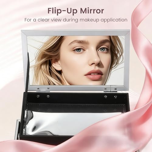 FRENESSA Makeup Train Case Makeup Box Organizer Portable Cosmetic Travel Case Makeup Case with Mirror Locking Make Up Cases Organizers and Storage for Nail Supplies Hard Cosmetic Box Shiny Pink