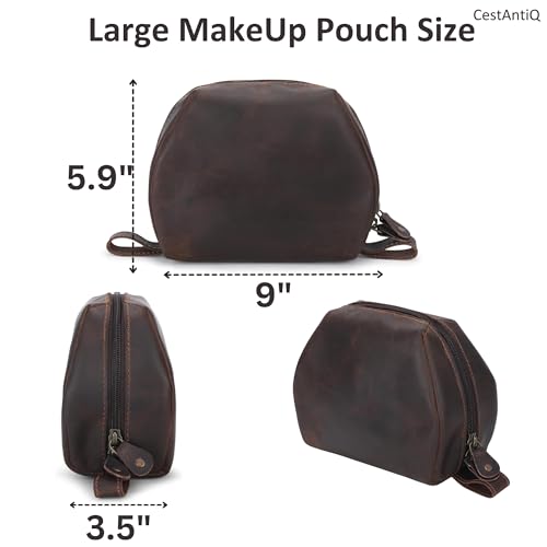Leather Travel Makeup Bag Organizer for Women, Clear and Large Makeup Case with Brush Holders, Countertop Organizer, Large Makeup Pouch, Professional Makeup Toiletry Kit Bag (Brown)
