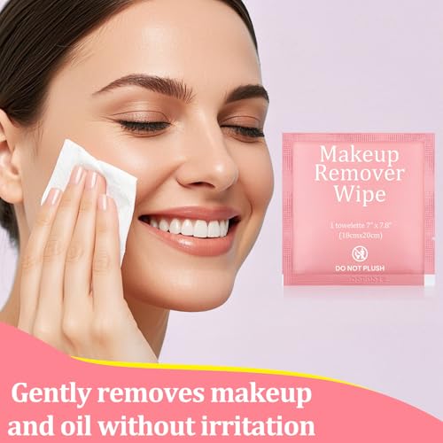 200 Pcs Individual Makeup Remover Wipes Bulk,Individually Wrapped Travel Makeup Wipes,Alcohol Free Face Cleansing Wipe, Remover Wipe with Vitamin E for Travel, Hotel Skin Care(Pink)